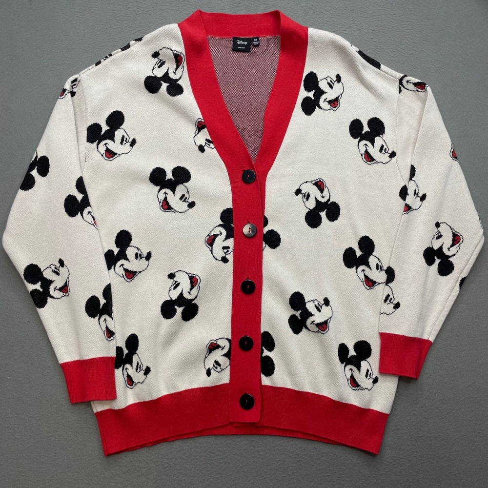 Disney Women Cardigan Cotton Blend 1X Mickey Mouse Pattern Whimsical Sweater